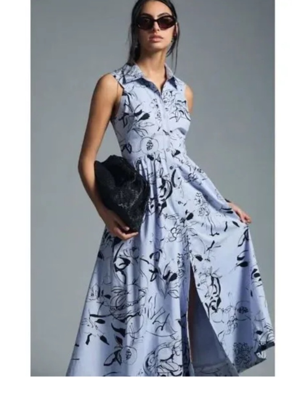 Maeve Light Blue and Black Floral Collared Midi Dress